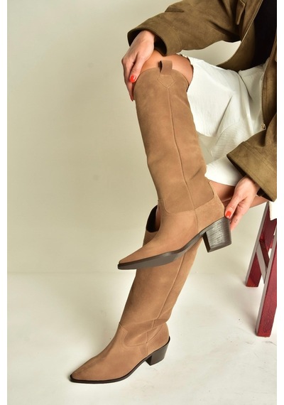 Fox Shoes Z654182361 Vizon Hakiki Deri Süet Kalın Topuklu Kovboy Model Kadın Çizme