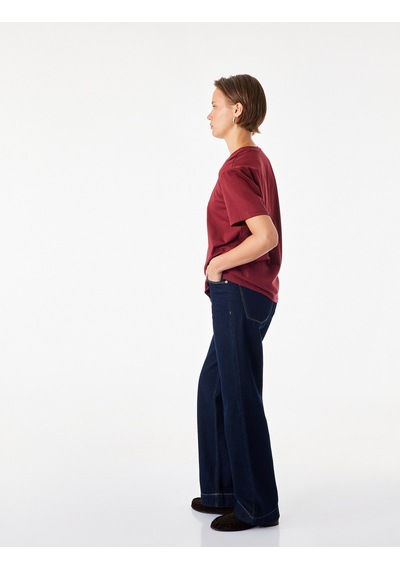 Koton Pamuklu Kısa Kollu Bisiklet Yaka Oversize Basic Tişört Bordo 7wak50007ek