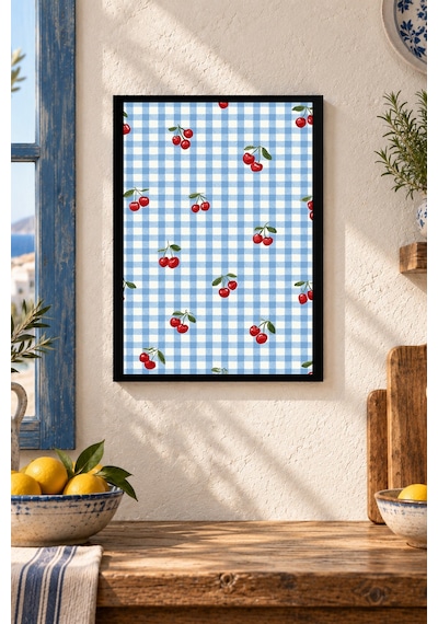 Kareli Zeminde Kirazlar Desenli Dekoratif Mdf Tablo, Çerçeve Görünümlü Ahşap Poster