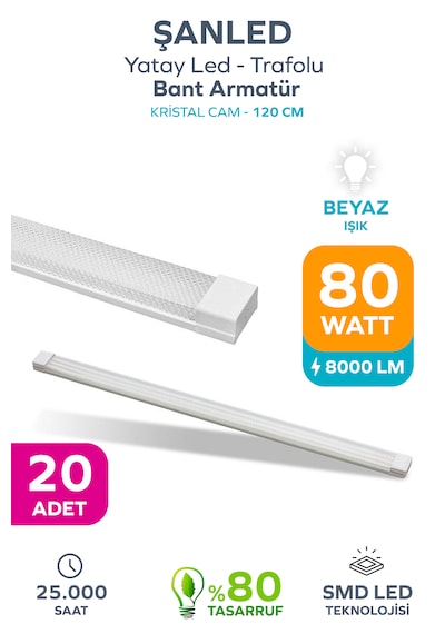80wat 120 Cm Kristal Yatay Led Bant Armatür-trafolu Beyaz Işık 20-adet