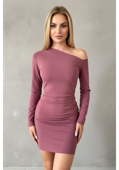 Defymoda Kadın Asimetrik Yaka Bodycon Elbise Pembe