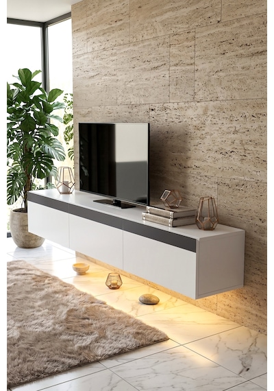 Pureline Tech Led Işıklı Tv Ünitesi 180 Cm - Modern Tv Sehpası - Beyaz Antrasit