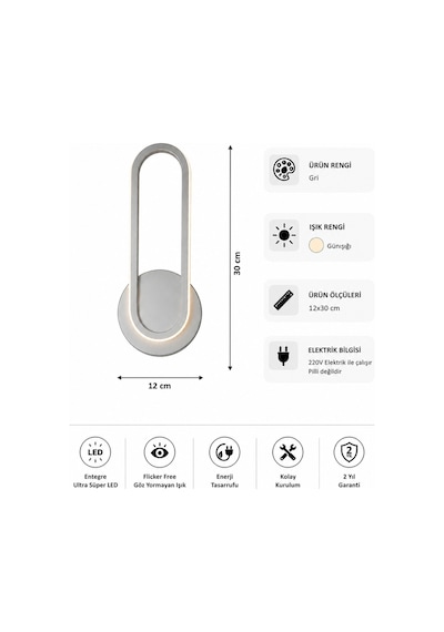 Haris Modern Led Duvar Apliği Günışığı Gri