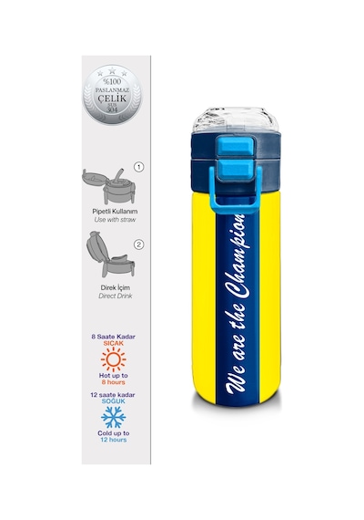 Coral High Kids Sarı Lacivert Çubuklu Pipetli Ve Direkt İçim Çelik Termos 500 Ml 31791