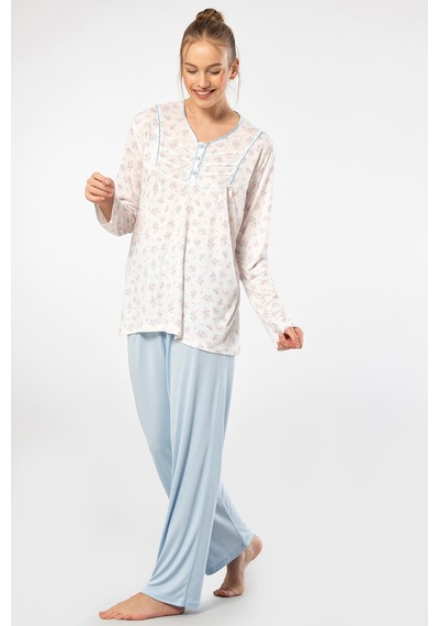 Türen 3366 Kadın Büyük Beden Uzun Kollu Pijama Takım-mavi Mavi