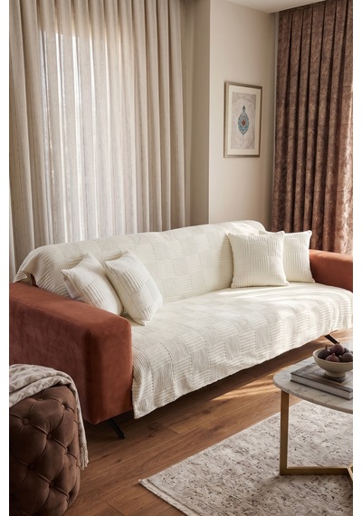 Krem Yumuşak Dokulu Koltuk Kanepe Örtüsü Dekoratif Kaymaz Yıkanabilir Premium Koltuk Şalı 170x200cm