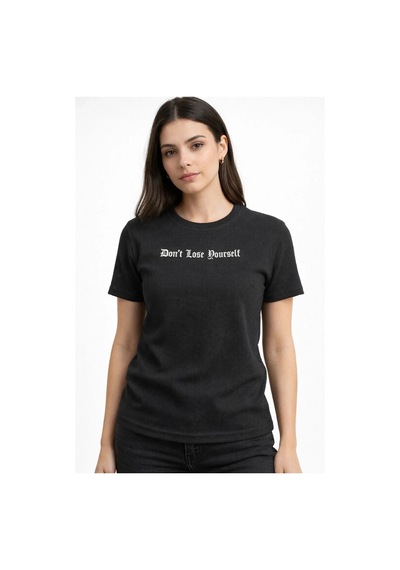 Kadın Wafıl Kumaş Tişört Regular Kalıp Bisiklet Yaka Baskılı T-shirt - Siyah
