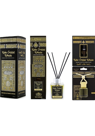 Esved Kabe Örtüsü Kokusu Mega Paket 400 Ml Sprey Premium + 100 Ml Çubuklu Oda Kokusu + 3 Ml Alkolsüz Esans + 8 Ml Araba Kokusu Kabe Örtüsü