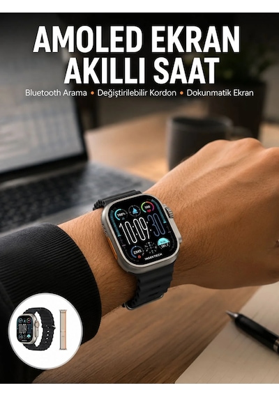 49mm Akıllı Saat Amoled Ekranlı Kadın Erkek Kol Saati Plastik Kordon Yeni Nesil Siyah