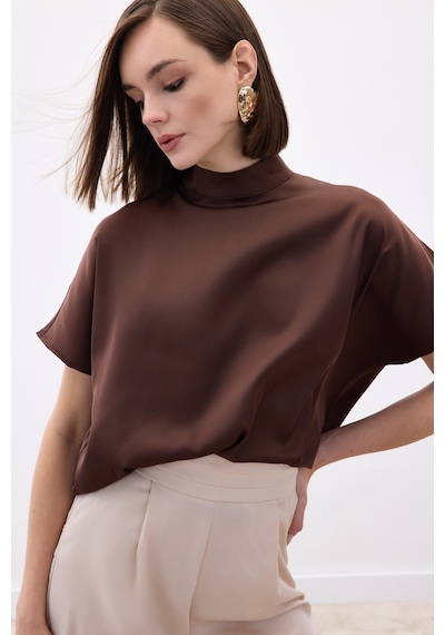 Sateen Yarasa Kol Salaş Bluz - Kahve-136538 kahve