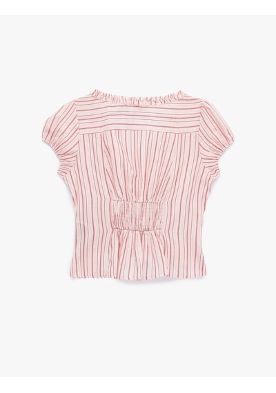 Koton Slim Fit Fırfır Detaylı V Yaka Kısa Kollu Çizgili Bluz Pembe Çizgili 6sal60191ıw