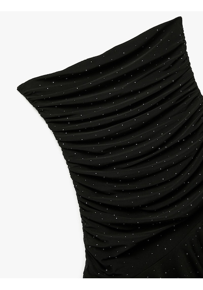 Koton Slim Fit Tül Etek Ucu Detaylı Taşlı Straplez Mini Elbise Siyah 5sak80535ek Siyah