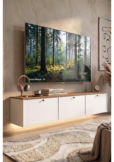 Alaska Led Işıklı Tv Ünitesi Sehpası 3 Kapaklı Duvara Monte 180cm Sepet-beyaz