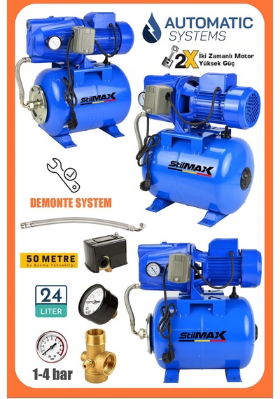 Stilmax St25lt15 1.5 Hp Bakır Sargı Jet150 Su Pompası + 24lt Küre Tank Otomatik Hidrofor Su Pompası