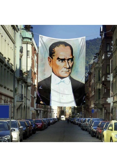 Sivil Mustafa Kemal Atatürk Portre Poster Cephe Bayrağı -bayrak -4x6 Metre 1