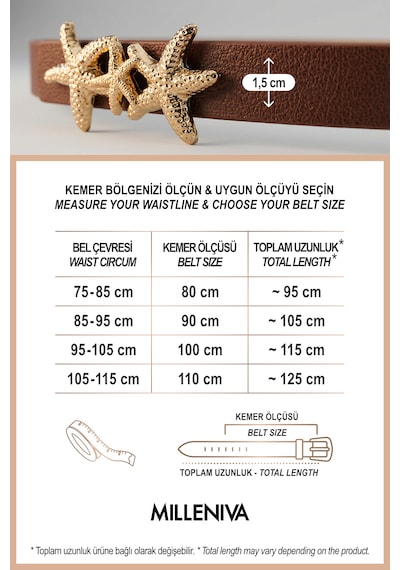 Milleniva Deniz Yıldızı Gold Tokalı İnce Kadın Kemer 1.5 Cm Kahverengi