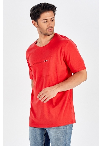 Peraluna Ön Orta Fermuarlı Düz Kesim Kırmızı Erkek T-Shirt-Kırmızı