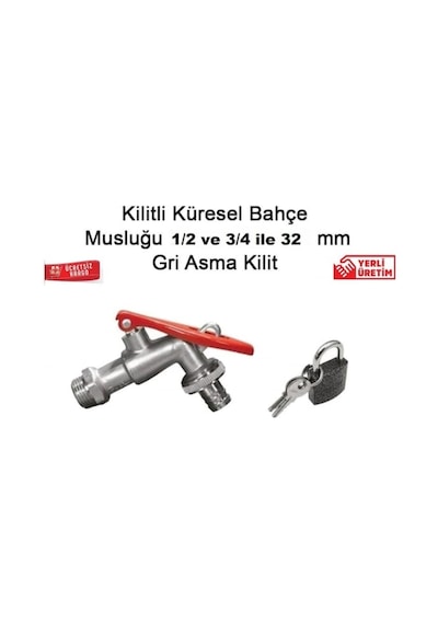 Kilitli Küresel Bahçe Musluğu 1/2 + 1 Adet 25 Mm Gri Asma Kilit