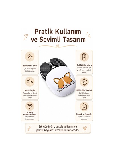 Şarjlı Bluetooth 2.4g Sessiz Kablosuz Mouse Köpek Desenli Çok Renkli Diğer