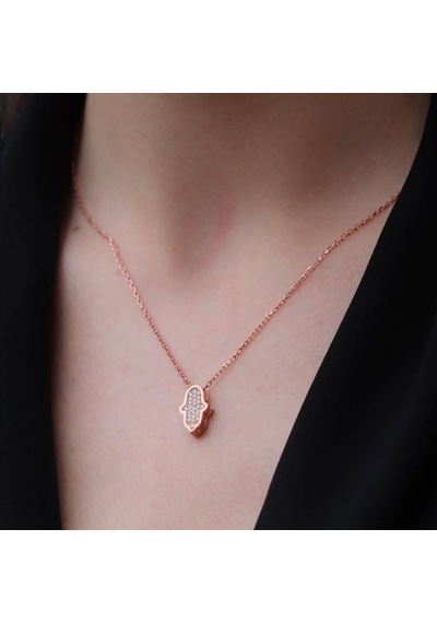 Rosegold Kaplama Çift Taraflı Fatma Ana Eli İçi Zirkon Taşlı 925 Ayar Gümüş Kolye Gümüş