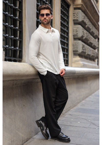 Madmext Ekru Gömlek Yaka Dokulu Regular Fit Erkek Sweatshirt E7203 Bej