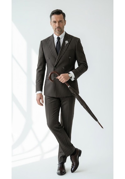 Çizgili Kruvaze Erkek Takım Elbise Şık Ve Rahat İtalyan Kesim, Belden Oturtmalı, Top Düğmeli Kahverengi