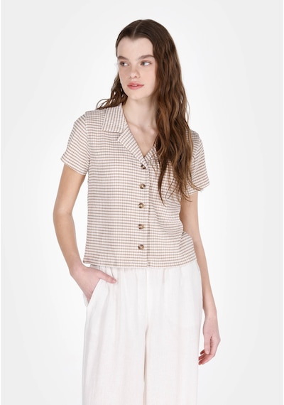 Colin's Colins Slim Fit Polo Yaka Kareli Kadın Bej Kısa Kol Tişört Cl1074376 Q1.v1 Lbr Lıght Brown Kahverengi