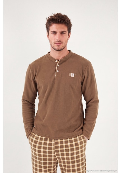 Buratti Kareli Düğmeli Hakim Yaka Yumuşak Dokulu Polar Pijama Takımı Erkek Pijama Takımı 6097023 Camel