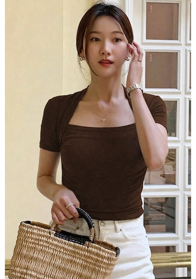 Kadın Haki Kuğu Yaka Slim Kısa Kollu Fit Crop Bluz Kahverengi