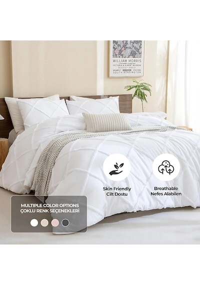 Evlen Home Pamuklu Aimar Yatak Örtüsü Takımı Çift Kişilik Günlük Boho 3 Parça Elyaf Dolgulu Beyaz Beyaz