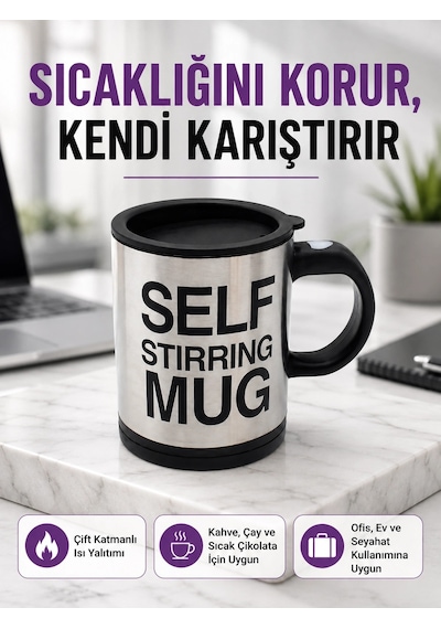 Mey İthalat Pratik Ve Dayanıklı Termos Kupa Tek Tuşla Otomatik Karıştırma Çok Renkli