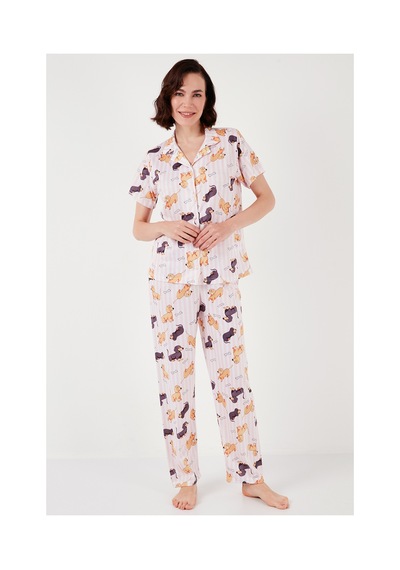 Lela Desenli Kısa Kollu Beli Lastikli Gömlek Yaka Dokuma Regular Fit Bayan Pijama Takımı 6571010 Pembe