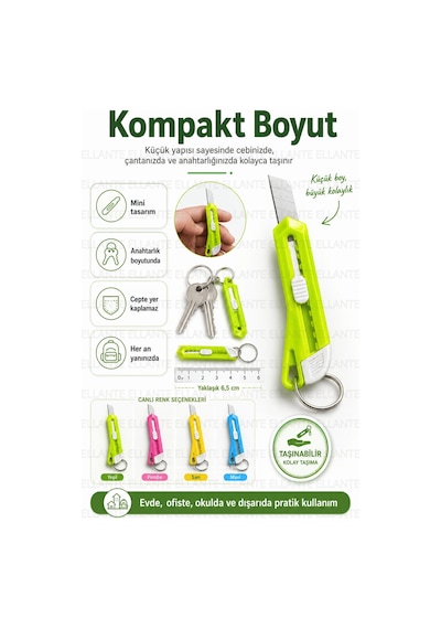 Mini Maket Bıçağı Anahtarlık Çelik Uç Sürgülü Kargo Koli Paket Zarf Açıcı Pratik Kesici Tekli 1 Adet