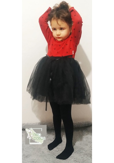 Yıldız Baskılı Astarlı Tütü Etek Modelli Kız Çocuk Uzun Kollu Elbise Uzun Kırmızı