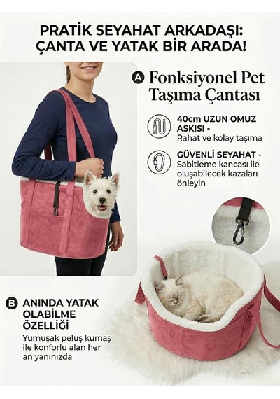 Milano Kedi Köpek El Omuz Taşıma Çantası, Pembe, 7 Kg Kapasiteli