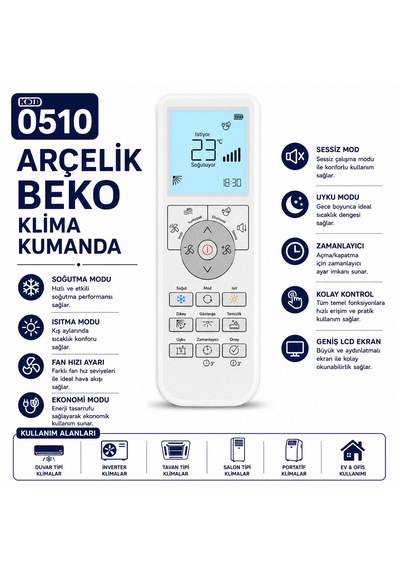 Arçelik Beko 0510 Lcd Ekranlı Klima Kumandası .