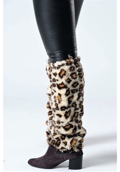 Leopar Desenli Peluş Tozluk Kahverengi