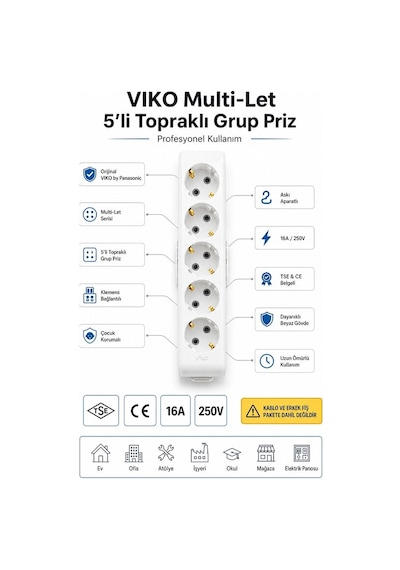 Viko Multi-let 5'li Grup Priz Topraklı Klemens Bağlantılı Çocuk Korumalı Askı Aparatlı Kablosuz Tse Ce Belgeli  Viko Yok