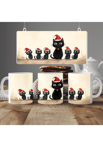 Yeni Yıl Temalı Siyah Kedi Desenli Kupa Bardak Noel Şapkalı Kediler Tasarımı - Yılbaşı Hediye Beyaz