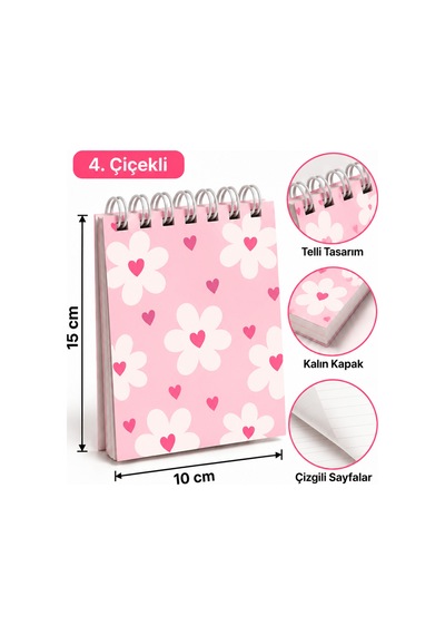 Çiçekli Model-15 10 Cm Spiralli Bloknot 40 Yaprak-80 Yaprak Çok Renkli