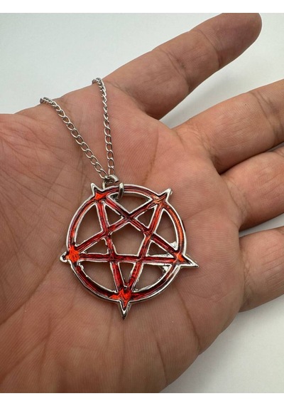 Kırmızı Yuvarlak Pentagram Yıldız Figürlü Unisex Kolye 60 Cm Zincirli Gotik Çok renkli