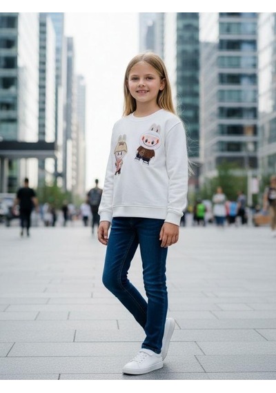 Kız Çocuk Pamuklu Karakter İşlemeli Sweatshirt-16392 Ekru Kız Çocuk Pamuklu Karakter İşlemeli Sweatshirt-16392 Ekru