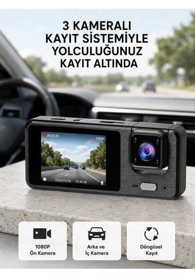 Park Modlu 3 Kameralı Araç Kayıt Cihazı 1080p Ön Kamera 2 Ekran 08738357