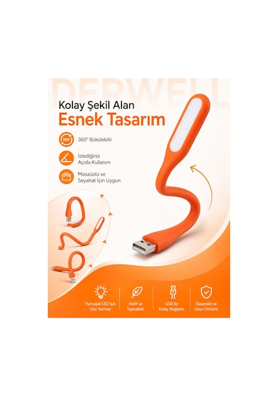 Esnek Usb Led Lamba Powerbank Laptop Ve Pc İçin Taşınabilir Gece Lambası Ve Kitap Okuma Işığı 5 Farklı Renk Seçeneği Mavi Kırmızı Turuncu