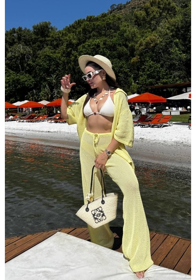 De Pose Trend Kimono Ajur Desenli Triko Plaj Takımı Limon Sarı