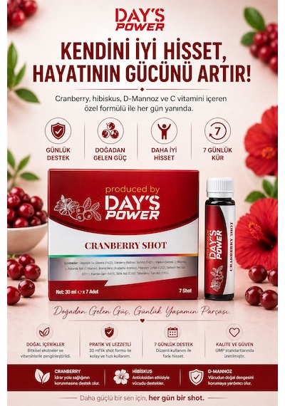 Day S Power Cranberry Shot 7 Adet - D-mannose & Hibiskus & Vitamin C Destekli