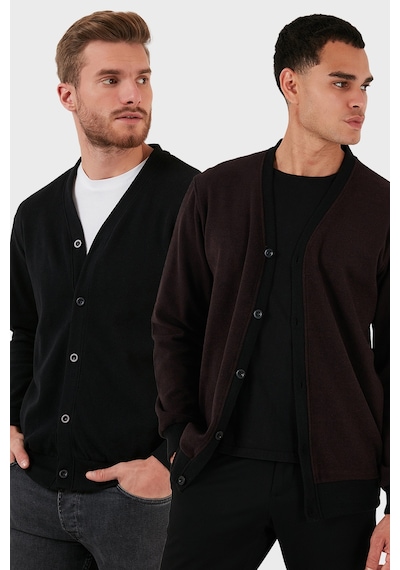 Buratti Pamuklu Regular Fit Düğmeli V Yaka 2'Li Paket Erkek Hırka 456205S2 Bordo-Siyah