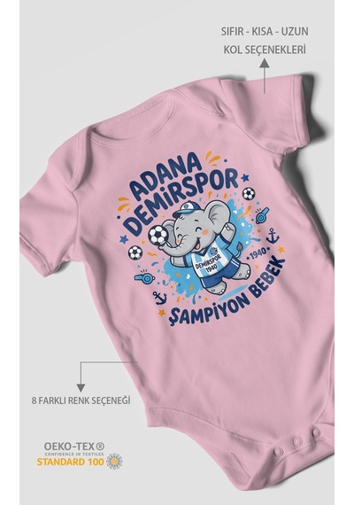 Morivokids Adana Demirspor Temalı Kısa Kollu Bebek Body %100 Pamuk Koyu Pembe
