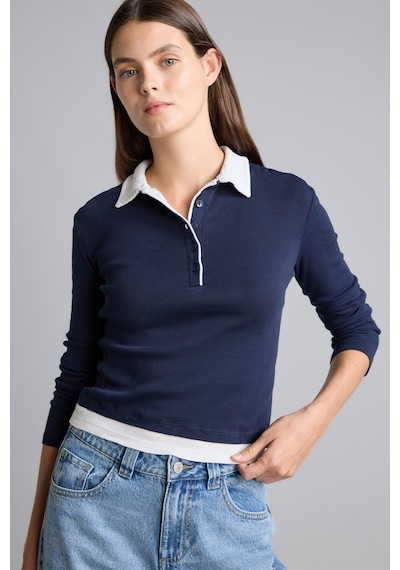 Defacto Slim Fit Kontrast Polo Yaka Ribana Uzun Kollu Basic Tişört I2637ax26aunv245 Lacivert-nv245