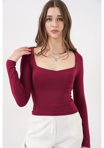 Bigdart Kadın Kare Yaka Slim Fit Bluz 986 - Bordo